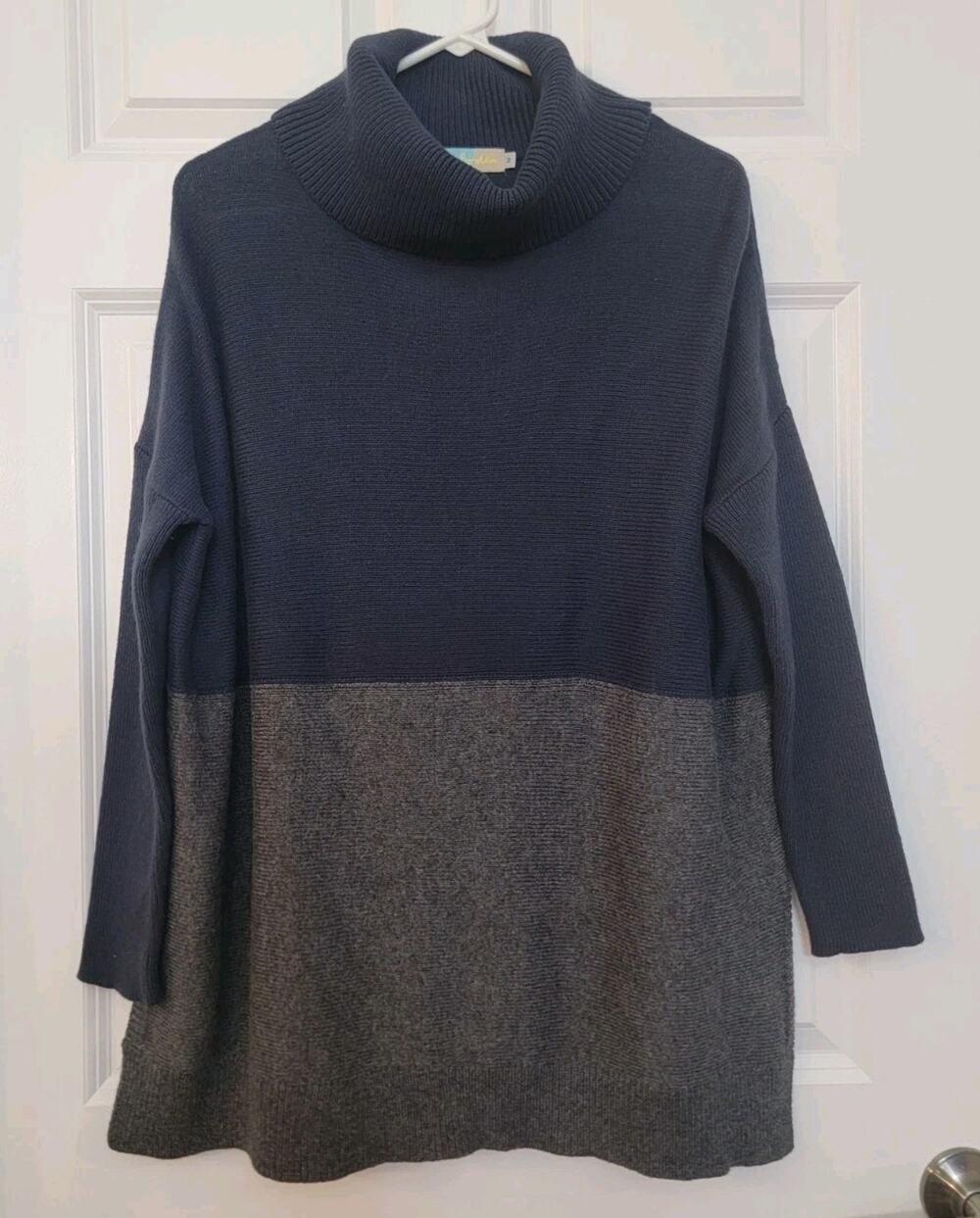 Boden Womens Sweater Medium Blue Gray Colorblock Cotton Cashmere Cowl Neck Cozy